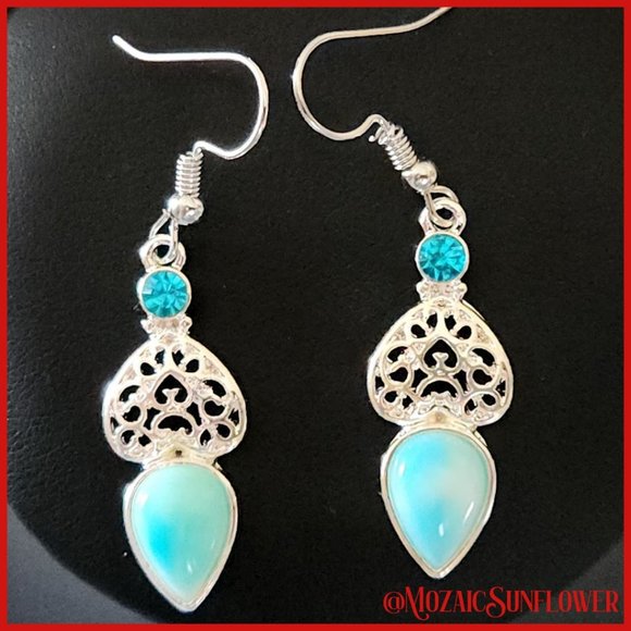 Aquamarine Larimar Silver Filigree Necklace and French Hook Earrings SET - Picture 3 of 5